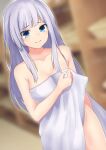  1girl armpit_crease bangs blue_eyes blurry blush bottomless brave_neptune breasts chrom_(neptune_series) cleavage collarbone commentary commentary_request depth_of_field eyes_visible_through_hair grey_hair groin highres katade light_blush long_hair looking_at_viewer naked_towel neptune_(series) smile solo towel 