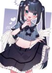  1boy :d angel_wings bangs black_hair blue_eyes blush bow bowtie bracelet center_frills crop_top eringikinono feathered_wings frilled_shirt_collar frilled_skirt frills hair_ribbon halo hand_on_own_chin highres jewelry long_hair low_wings male_focus narrowed_eyes navel open_mouth original otoko_no_ko ribbon short_sleeves skirt skirt_hold smile smug solo twintails very_long_hair wings wrist_belt 