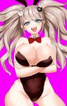  1girl :d absurdres alternate_costume animal_ears arms_under_breasts bangs bare_arms bare_shoulders bow bowtie breasts brown_leotard cleavage covered_navel cowboy_shot crossed_arms danganronpa:_trigger_happy_havoc danganronpa_(series) detached_collar enoshima_junko fake_animal_ears grey_eyes groin highres huge_breasts leotard long_hair nidoneane pink_background playboy_bunny red_bow red_bowtie shiny shiny_hair smile solo teeth twintails upper_teeth 