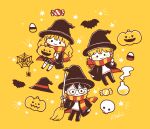  1girl 2boys bangs beaker black_hair blush broom candy candy_corn chara_chara_makiato chibi cloak food glasses halloween harry_potter harry_potter_(series) hat hermione_granger holding holding_broom holding_food holding_pumpkin holding_vegetable holding_wand jack-o&#039;-lantern long_hair multiple_boys orange_hair pleated_skirt potion pumpkin ron_weasley scar scar_on_face scar_on_forehead scarf short_hair silk skirt skull smile spider_web striped striped_scarf sweater vegetable wand witch_hat wrapped_candy 