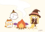  1girl autumn_leaves blonde_hair braid broom cat chara_chara_makiato chibi cooking dress fire food ghost halloween hat hat_ribbon holding holding_broom long_hair original ribbon scarf smoke solo striped striped_scarf sweet_potato twin_braids witch witch_hat yakiimo 