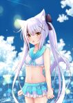  1girl :o animal_ears bangs bikini black_hair blurry blush bokeh cat_ears cat_girl cat_tail day depth_of_field frilled_bikini frills hair_ornament hair_ribbon long_hair m_ko_(maxft2) multicolored_hair navel neckerchief ocean open_mouth original ribbon sailor_bikini sailor_collar sky solo streaked_hair swimsuit tail twintails two-tone_hair very_long_hair white_hair x_hair_ornament yellow_eyes 