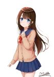  1girl bangs blue_eyes blush bow bowtie brown_hair cardigan hand_on_own_chest long_hair looking_at_viewer m_ko_(maxft2) original pleated_skirt school_uniform serafuku skirt sleeves_past_wrists smile solo 