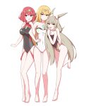  3girls animal_ears arm_around_shoulder bare_legs bare_shoulders barefoot blonde_hair breasts cat_ears chest_jewel chirun0 cleavage grey_hair highres locked_arms long_hair looking_at_viewer multiple_girls mythra_(radiant_beach)_(xenoblade) mythra_(xenoblade) nia_(blade)_(xenoblade) nia_(xenoblade) official_alternate_costume one-piece_swimsuit pyra_(pro_swimmer)_(xenoblade) pyra_(xenoblade) red_hair short_hair smile standing strapless strapless_swimsuit swimsuit thigh_gap tiara very_long_hair xenoblade_chronicles_(series) xenoblade_chronicles_2 