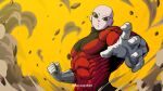  1boy absurdres bald black_eyes clenched_hand closed_mouth dragon_ball dragon_ball_super expressionless gloves highres horang4628 jiren male_focus muscular muscular_male pectorals pride_trooper_uniform rock simple_background smoke solo upper_body white_gloves yellow_background 