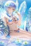  1girl akershus_fortress_(oshiro_project) bangs bikini blue_bikini blue_eyes breasts cape cleavage crystal dripping flower highres in_water large_breasts looking_at_viewer navel oshiro_project oshiro_project_re short_hair sitting solo swimsuit syandega thighs water wet white_hair 