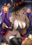  1girl :p arm_at_side backlighting bare_shoulders bikini black_choker black_thighhighs blonde_hair breasts bridal_gauntlets candy cape choker cleavage collarbone covered_nipples cowboy_shot english_commentary floating floating_object food glasses gumroad_username halloween hat heart holding huge_breasts large_hat light_particles long_hair looking_at_viewer nail_polish navel original patreon_username pumpkin red_eyes sherylnome sitting solo string_bikini swimsuit thighhighs tongue tongue_out witch_hat 