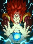  1boy absurdres blue_eyes blue_sash body_fur closed_mouth dragon_ball dragon_ball_gt electricity gogeta highres horang4628 incoming_attack looking_at_viewer male_focus metamoran_vest pants pectorals red_hair sash smile solo super_saiyan super_saiyan_4 white_pants 