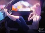  1girl artist_logo barefoot blue_pants blurry blurry_background car_interior crossed_legs dated feet feet_up from_side grey_hoodie hair_ornament hand_up highres hinamori_amu hood hoodie legs looking_to_the_side medium_hair one_side_up pants pants_rolled_up pink_hair shiny shiny_hair shugo_chara! sitting sleeveless sleeveless_hoodie soles solo suryua thighs toes yellow_eyes 