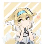  1girl afterimage animal_ear_fluff animal_ears arknights bangs bare_shoulders blonde_hair blue_hairband blush braid breasts closed_mouth diagonal_stripes ear_wiggle fox_ears fox_girl fox_tail green_eyes hair_between_eyes hair_rings hairband hands_on_own_face hands_up heart highres kitsune looking_at_viewer multicolored_hair sarea_(sarea2020) shirt small_breasts solo striped striped_background suzuran_(arknights) tail twin_braids two-tone_hair upper_body wavy_hair white_hair white_shirt 
