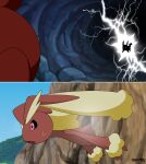  absurd_res bodily_fluids brown_body brown_fur cloud electricity female fur hi_res lagomorph lightning lopunny male mammal nintendo open_mouth pikachu pink_eyes pok&eacute;mon pok&eacute;mon_(species) potateymatey rock rodent stuck sweat through_wall video_games yellow_body yellow_fur 