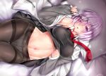  1girl bangs bed blue_gk fate/grand_order fate_(series) highres looking_at_viewer lying mash_kyrielight navel necktie pillow purple_eyes purple_hair red_necktie short_hair solo sweat sweatdrop sweater third-party_edit 