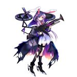  1girl animal_ears antique_firearm asymmetrical_legwear blunderbuss breasts flight_pack glowing glowing_eye gun highres jacket lunar_war_soldier necktie official_alternate_costume official_art pouch purple_hair rabbit_ears rabbit_girl reisen_udongein_inaba science_fiction shoes skirt socks torn_clothes torn_jacket torn_legwear touhou_lost_word war weapon white_background 