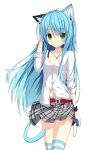  1girl absurdres animal_ears artist_request bangs belt blue_hair character_request copyright_request cowboy_shot digital_media_player green_eyes highres ipod looking_at_viewer navel non-web_source shirt short_hair socks solo striped striped_socks tail 