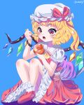  1girl absurdres ascot blonde_hair blue_background bobby_socks collared_shirt eating flandre_scarlet food frilled_shirt_collar frilled_skirt frilled_sleeves frilled_socks frills full_body hat hat_ribbon highres holding holding_spoon looking_at_viewer mibukyt mob_cap multicolored_wings nail_polish open_mouth pink_nails pudding puffy_short_sleeves puffy_sleeves red_eyes red_footwear red_ribbon red_skirt red_vest ribbon ribbon-trimmed_headwear ribbon_trim shirt short_sleeves side_ponytail simple_background skirt skirt_set socks solo spoon teeth touhou upper_teeth vest white_headwear white_shirt white_socks wings yellow_ascot 