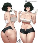  1girl artist_logo ass bare_shoulders black_shorts blunt_ends blush breasts cleavage collarbone commentary cowboy_shot donburi_(donburikazoku) eating food from_side fubuki_(one-punch_man) hands_up highres holding melting multiple_tails navel nose_blush one-punch_man patreon_logo patreon_username popsicle short_hair short_shorts shorts simple_background skindentation suggestive_fluid tail teeth thigh_gap thighs underbutt upper_teeth web_address 