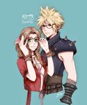  1boy 1girl adjusting_eyewear aerith_gainsborough alternate_eyewear aqua_background armor artist_name bandaged_arm bandages bangle bangs belt blonde_hair blue_eyes blue_shirt bracelet braid braided_ponytail breasts brown_hair choker cloud_strife cropped_jacket dress earrings final_fantasy final_fantasy_vii final_fantasy_vii_remake flower_choker glasses gloves green_eyes hair_between_eyes hair_ribbon highres jacket jewelry long_hair looking_at_viewer medium_breasts multiple_belts parted_bangs pink_dress pink_ribbon red_jacket ribbon shirt short_hair short_sleeves shoulder_armor sidelocks single_earring sleeveless sleeveless_turtleneck smile spiked_hair suspenders turtleneck upper_body wavy_hair yco_030601 