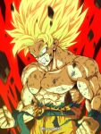  1boy angry battle_damage blonde_hair blue_sash clenched_teeth dragon_ball dragon_ball_z furious green_eyes horang4628 male_focus muscular muscular_male pectorals sash solo son_goku spiked_hair super_saiyan super_saiyan_1 teeth topless_male torn_clothes wristband 