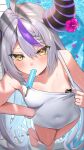  1girl ahoge blush breasts clothing_aside commentary_request covered_navel food from_above grey_hair hand_on_hip hatsuno_xxx highres hololive horn_flower huge_horns la+_darknesss long_hair looking_at_viewer multicolored_hair one-piece_swimsuit pasties poolside popsicle purple_hair small_breasts solo streaked_hair swimsuit swimsuit_aside virtual_youtuber white_swimsuit yellow_eyes 