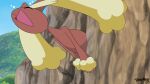  blush brown_body brown_fur cloud eyes_closed female fur hi_res lagomorph laugh lopunny mammal nintendo pink_eyes pok&eacute;mon pok&eacute;mon_(species) potateymatey rock stuck through_wall video_games yellow_body yellow_fur 