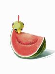  bird commentary_request dated highres looking_down mokuzou_(moku_ssbu) natu no_humans pokemon pokemon_(creature) solo twitter_username watermelon_seeds watermelon_slice white_background 