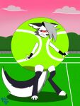  angry anthro ball canid canid_demon clothing costume demon embarrassed female hellhound helluva_boss hi_res kigtoons loona_(helluva_boss) mammal penmark solo standing tennis_ball tennis_ball_costume 