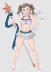  absurdres adapted_costume barefoot brown_eyes brown_hair cleavage_cutout clothing_cutout commission cynthia_(fire_emblem) ebinku fire_emblem fire_emblem_awakening fire_emblem_heroes hair_ornament highres lance navel polearm ribbon scarf skirt spear starfish swimsuit thighs twintails weapon white_swimsuit wrist_ribbon 
