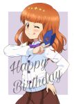  1girl ;q bangs blunt_bangs bow bowtie brown_sailor_collar cardigan closed_mouth cursive delicious_party_precure dress dress_shirt english_text gentlu_(precure) girls_und_panzer grey_background hand_on_hip happy_birthday highres holding holding_mask kasai_amane kayabakoro long_hair long_sleeves looking_at_viewer mask one_eye_closed orange_eyes orange_hair outside_border pleated_dress precure purple_bow purple_bowtie sailor_collar school_uniform serafuku shinsen_middle_school_uniform shirt smile solo standing takebe_saori tongue tongue_out voice_actor_connection white_cardigan white_shirt wing_collar 