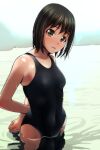  1girl absurdres arms_behind_back black_hair black_swimsuit brown_eyes competition_swimsuit covered_navel head_tilt highres looking_at_viewer matsunaga_kouyou one-piece_swimsuit original partially_submerged reflection short_hair solo swimsuit wet 
