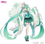  1girl absurdly_long_hair ankle_cuffs aqua_bow aqua_eyes aqua_hair aqua_nails aqua_skirt aqua_theme artist_name bow brooch clothing_request commentary_request cone_hair_bun copyright crossed_legs double_bun earrings flower full_body hair_bun hair_flower hair_ornament hatsune_miku iwato1712 japanese_clothes jewelry layered_skirt logo long_hair long_sleeves looking_at_viewer nail_polish neck_ribbon obi official_art okobo outstretched_arms outstretched_hand pattern_request polka_dot polka_dot_footwear promotional_art ribbon sash shirt skirt smile solo sparkle sparkle_print thigh_strap twintails very_long_hair vocaloid white_background white_shirt 