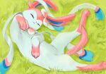 closed_eyes closed_mouth commentary_request day from_above grass highres koala_0l lying no_humans on_back outdoors pokemon pokemon_(creature) solo sylveon twitter_username 