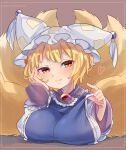  1girl animal_ears artist_name blonde_hair blush breast_rest breasts brown_background dress fox_ears fox_tail hand_on_own_cheek hand_on_own_face hat heart highres ibaraki_natou large_breasts long_sleeves looking_at_viewer multiple_tails pillow_hat short_hair simple_background smile solo strap_pull tabard tail touhou white_dress yakumo_ran 