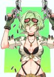  1girl arms_up bangs black_choker blue_background breasts character_request choker collarbone commentary_request dual_wielding earrings fingerless_gloves gloves goggles goggles_on_head gradient gradient_background green_background green_gloves green_hair gun hair_between_eyes handgun holding holding_gun holding_weapon jewelry looking_at_viewer medium_breasts navel parted_lips pendant puzzle_&amp;_dragons shibumi shirt short_sleeves solo tied_shirt two-tone_background upper_body weapon white_background white_shirt yellow_eyes 