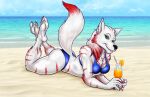  5_toes anthro barefoot beach beverage bikini canid canine canis clothing feet female foot_focus humanoid_feet looking_at_viewer lying mammal on_front plantigrade razira_(bobbob2) seaside soles solo swimwear theboundraccoon toes wolf 