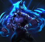  2boys aura baggy_pants bara bead_belt beads bear beard belt black_hair blue_eyes dopey_(dopq) facial_hair facial_tattoo fangs feet_out_of_frame glowing glowing_eyes highres jacket league_of_legends looking_to_the_side male_focus manly mature_male multiple_boys muscular muscular_male no_shirt open_mouth pants short_hair sleeveless tattoo teeth tongue udyr volibear 