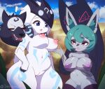  2022 anthro bovid breast_grab breasts canid canine canis caprine casual_nudity duo eye_contact female fur fur_markings genitals green_hair group hair hand_on_breast hi_res humanoid kindred_(lol) league_of_legends looking_at_another mammal markings mask mask_off navel nipples nude open_mouth outside purple_nipples pussy red_nipples riot_games sensen sheep signature standing thick_thighs vex_(lol) video_games viego_(lol) white_body white_fur wolf wolf_(lol) yordle 