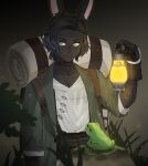  1boy animal_ears arm_at_side backpack bag black_background black_gloves black_hair brown_background brown_choker choker coat collarbone dark-skinned_male dark_skin erenville final_fantasy final_fantasy_xiv frog gg_dal gloves gradient gradient_background grass green_coat hand_up holding holding_lantern lantern leaf light_particles looking_to_the_side male_focus moss orange_outline outdoors rabbit_ears rock shirt short_hair sideways_glance simple_background smile solo two-tone_background upper_body viera wavy_hair white_shirt yellow_eyes 