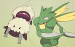  :&lt; animal_focus arm_blade bisected black_eyes boke-chan closed_mouth colored_sclera commentary_request constricted_pupils corpse death fang green_background horizontal_pupils looking_at_another motion_lines no_humans pokemon pokemon_(creature) sheep simple_background slit_pupils standing weapon yellow_sclera 