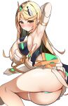  1girl absurdres arm_up armpits ass bangs blonde_hair blush breasts cleavage commentary_request elbow_gloves enishi96 gloves headpiece highres large_breasts long_hair looking_at_viewer mythra_(xenoblade) orange_eyes panties simple_background skindentation solo sweat thigh_strap tiara underwear white_background white_gloves xenoblade_chronicles_(series) xenoblade_chronicles_2 