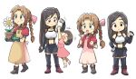  3girls aerith_gainsborough apron bangle bangs black_bra black_gloves black_hair black_skirt black_thighhighs blunt_bangs boots bra bracelet braid braided_ponytail breasts brown_apron brown_eyes brown_footwear brown_hair chibi clenched_hand closed_eyes crop_top cropped_jacket dress earrings elbow_gloves female_child final_fantasy final_fantasy_vii final_fantasy_vii_remake fingerless_gloves flexing flower flower_pot full_body gardening gloves green_eyes green_gloves hair_ribbon hand_on_hip hanging_on_arm highres jacket jewelry long_dress long_hair low-tied_long_hair marlene_wallace midriff miniskirt multiple_girls multiple_views navel open_mouth parted_bangs pink_dress pink_footwear pink_ribbon pose puffy_short_sleeves puffy_sleeves red_jacket ribbon shirt short_hair short_sleeves sidelocks skirt smile sports_bra standing thighhighs tifa_lockhart tsubobot underwear white_background white_flower white_shirt 
