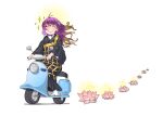  1girl antenna_hair bangs black_dress brown_hair closed_eyes closed_mouth dress driving flower full_body gradient_hair ground_vehicle highres hijiri_byakuren irukanoirukaman long_hair long_sleeves lotus motor_vehicle multicolored_hair purple_hair scooter smile solo star_(symbol) touhou white_background wide_sleeves 