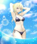  1girl absurdres arms_behind_head bikini black_swimsuit blonde_hair blue_eyes blue_sky breasts cleavage cloud cowboy_shot highres large_breasts lens_flare long_hair looking_at_viewer mouth_hold original ponytail rubber_band sky solo standing swimsuit szl 