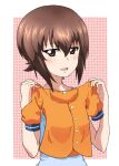  1girl bangs blouse blue_shirt blush brown_eyes brown_hair commentary girls_und_panzer holding holding_clothes holding_shirt kayabakoro looking_at_viewer nishizumi_maho open_mouth orange_shirt outside_border pink_background shirt short_hair smile solo upper_body 