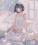  1girl bed bed_sheet black_hair brown_eyes camisole coffee coffee_cup collarbone cup curtains disposable_cup dog eokaku_surimi faux_traditional_media highres indoors light_blush light_smile looking_ahead original saucer short_hair sitting solo sparkle spotted_fur star_(symbol) star_pillow stuffed_animal stuffed_dog stuffed_toy white_camisole white_curtains window windowsill yokozuwari 