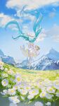  1girl aqua_hair basket blue_sky blurry cloud cloudy_sky daisy day depth_of_field dress floating_hair flower frilled_dress frills from_behind grass hat hatsune_miku holding holding_basket jumping long_hair mountain outdoors platform_footwear rumoon sky solo thighhighs twintails very_long_hair vocaloid white_dress white_flower white_footwear white_headwear white_thighhighs 