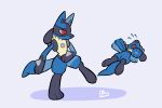  3_fingers 3_toes advos ambiguous_gender anthro blue_body blue_fur bodily_fluids canid canine canis digital_media_(artwork) duo feet fingers flying fur hi_res kick lucario mammal nintendo open_mouth pok&eacute;mon pok&eacute;mon_(species) red_eyes riolu shadow simple_background tears toes video_games white_background 