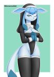  absurd_res alternate_version_at_source anthro blue_body blue_eyes breasts clothing costume eeveelution female glaceon hi_res legwear nintendo nun nun_outfit one_eye_closed pok&eacute;mon pok&eacute;mon_(species) pok&eacute;morph rsinnamonroll solo thigh_highs video_games wink 