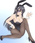  1girl animal_ears black_bow black_bowtie black_footwear black_hair black_leotard black_pantyhose bow bowtie breasts bunny_hair_ornament cleavage collar commentary_request commission detached_collar fake_animal_ears hair_ornament high_heels highres leotard long_hair looking_at_viewer medium_breasts nazunazu pantyhose playboy_bunny purple_eyes rabbit_ears rabbit_tail sakurajima_mai seishun_buta_yarou sitting solo strapless strapless_leotard tail white_collar wrist_cuffs 