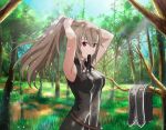  1girl armpits bangs bare_arms black_jacket breasts brown_hair closed_mouth eydis_(sao) floating_hair forest game_cg hair_between_eyes jacket lens_flare long_hair medium_breasts mouth_hold nature outdoors ponytail rainbow red_eyes sleeveless sleeveless_jacket smile solo standing sword_art_online tying_hair very_long_hair 