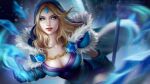  1girl armor blonde_hair blue_cape blue_dress blue_eyes blue_gloves breasts cape cleavage crystal crystal_maiden dota_(series) dota_2 dress gloves holding holding_staff ice lipstick long_hair looking_at_viewer makeup natali-o pauldrons short_sleeves shoulder_armor solo staff wavy_hair 